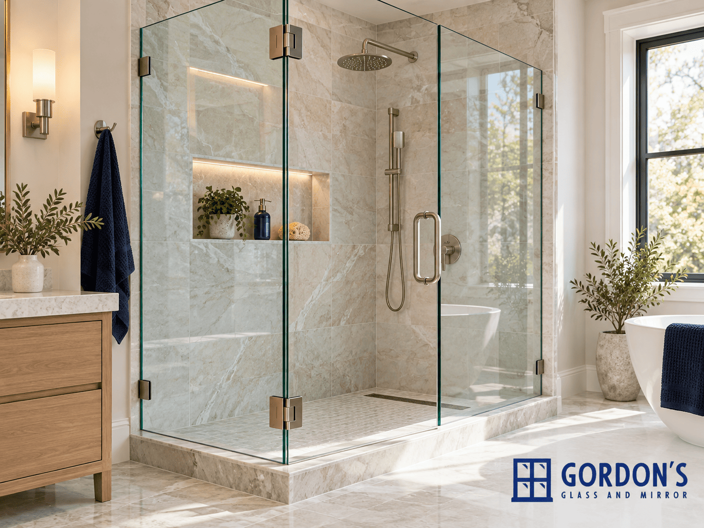 Frameless glass shower enclosure with polished glass edges and chrome hardware in a modern bathroom.