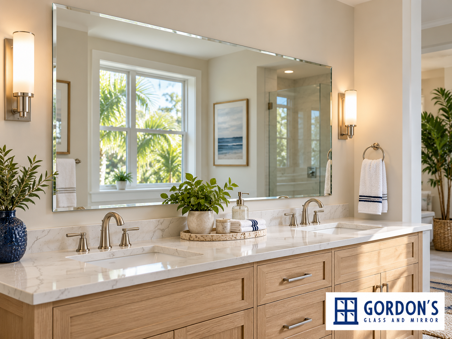 Large frameless beveled mirror above a double bathroom vanity, reflecting a sunlit window.