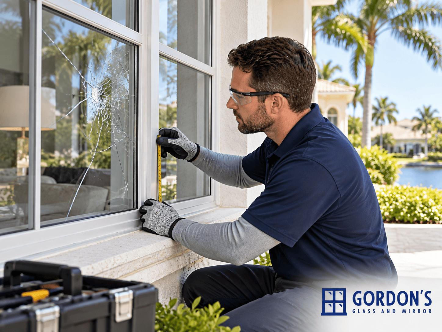 Glass repair technician assessing a damaged window before emergency glass replacement.