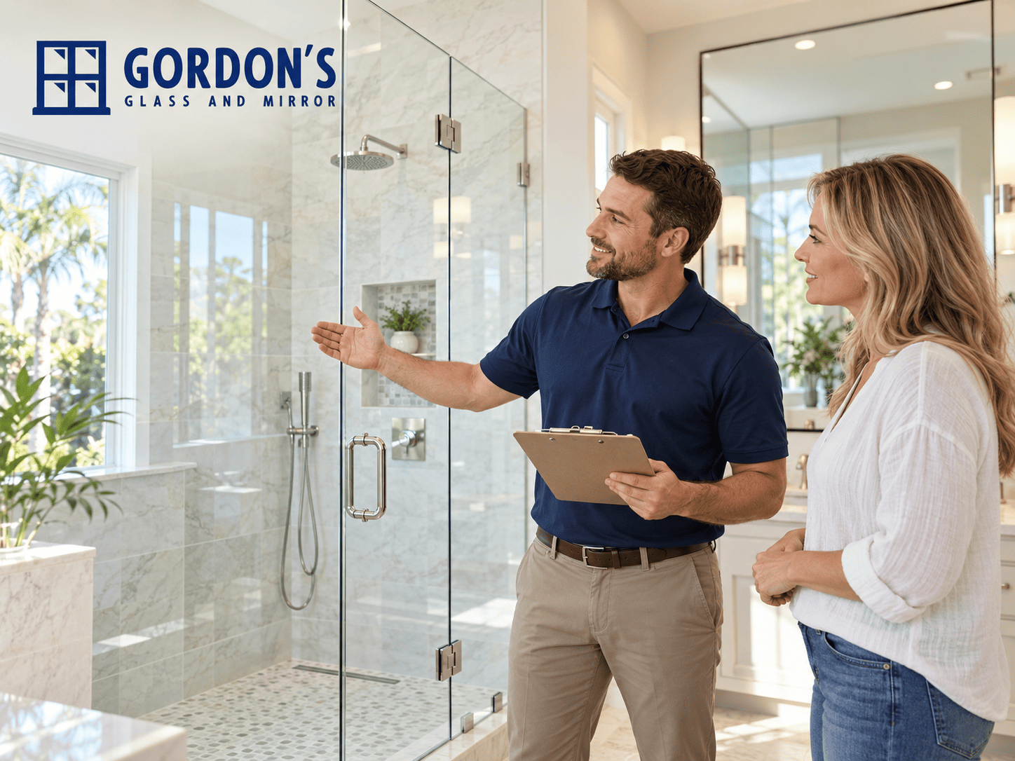 Glass specialist discussing a frameless shower enclosure with a homeowner, with the Gordon’s Glass and Mirror logo.