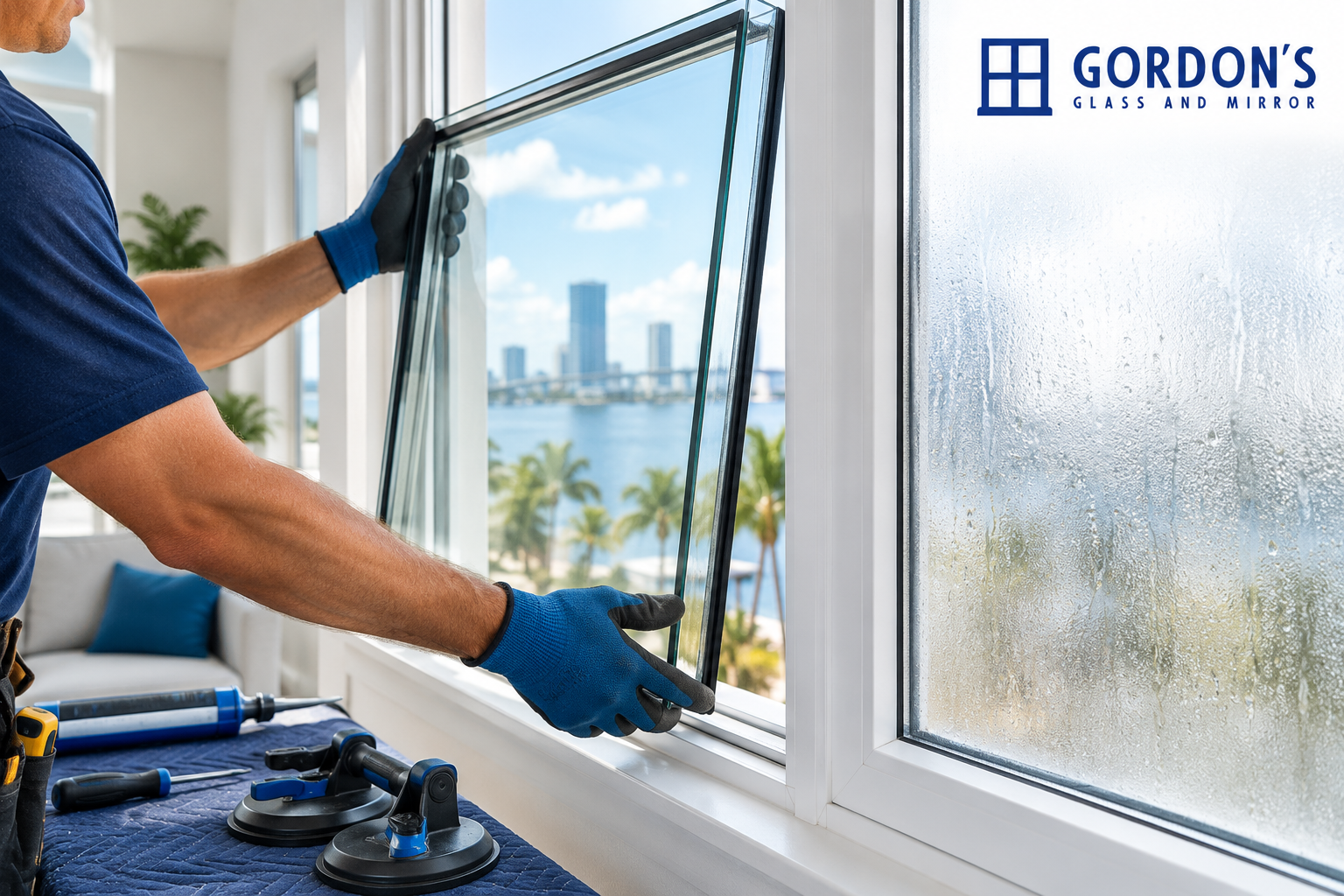 Professional window glass replacement in a Jacksonville home with insulated glass and a fogged double-pane window.