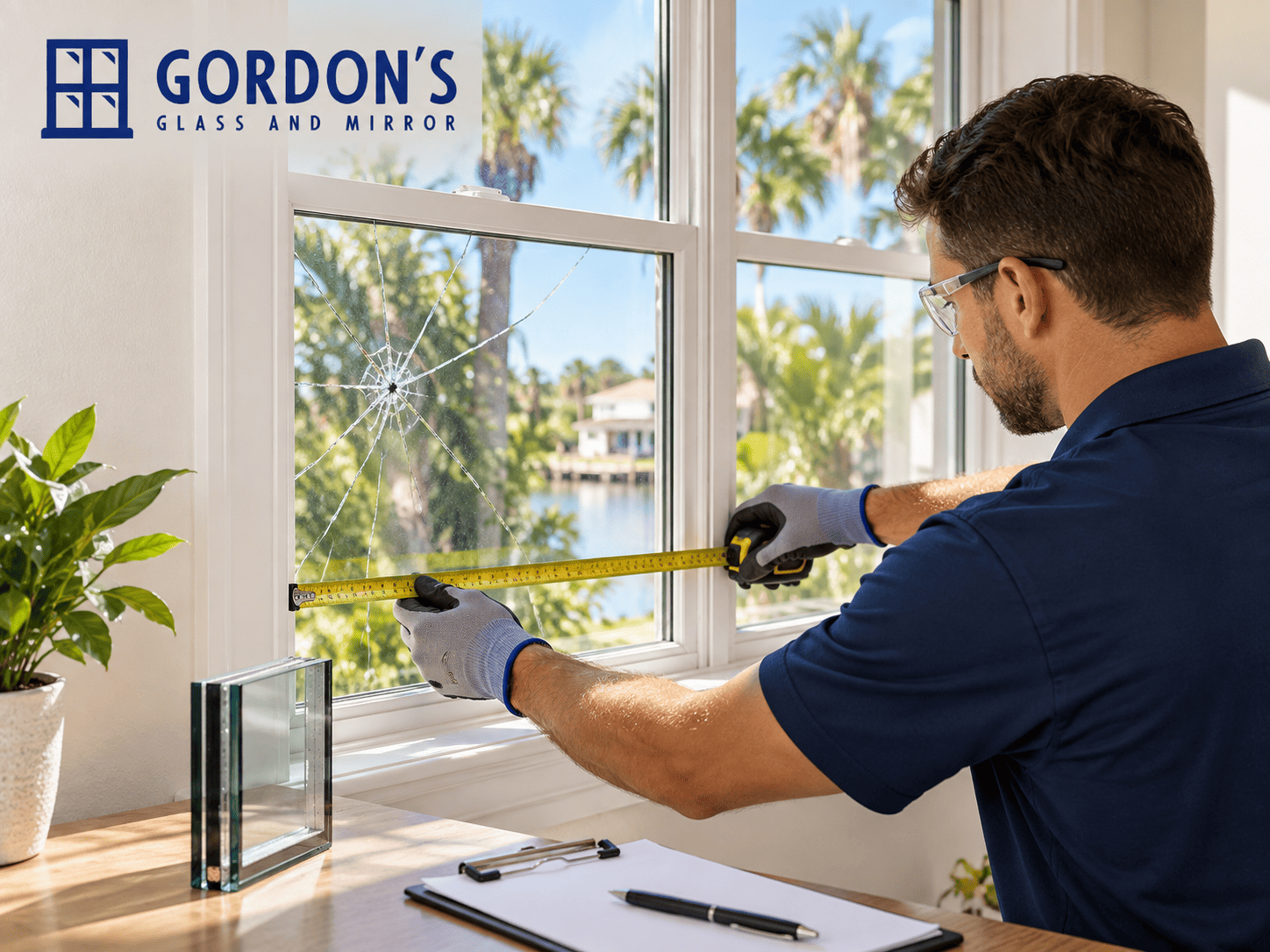 Glass technician inspecting a window for glass replacement in Jacksonville, FL.